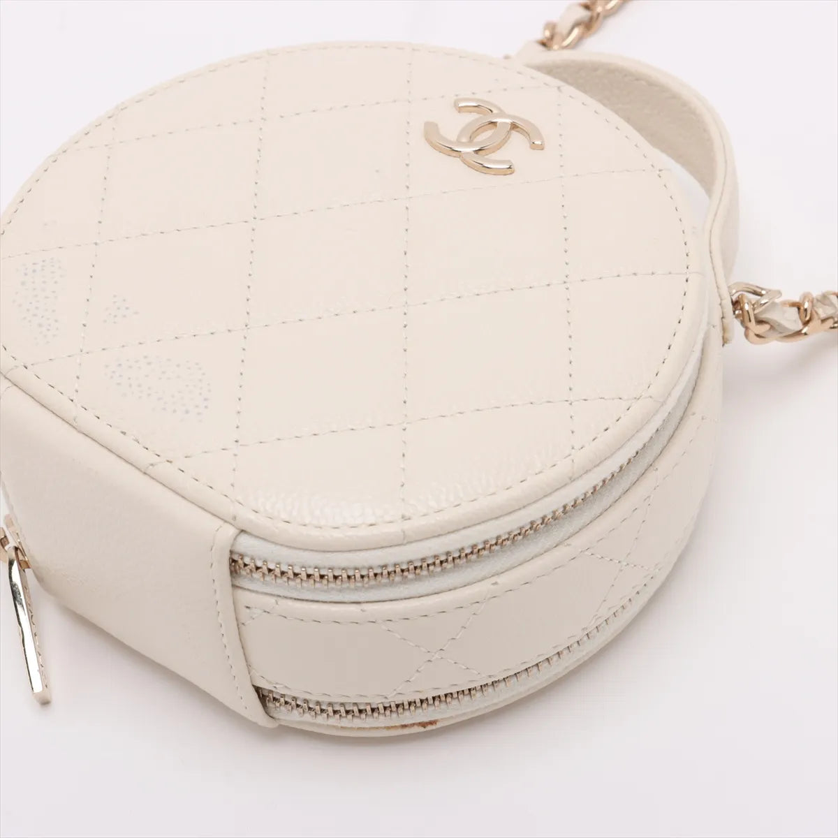 Chanel CC Logo Matelasse Caviar Skin Two-Way Round Shoulder Bag White