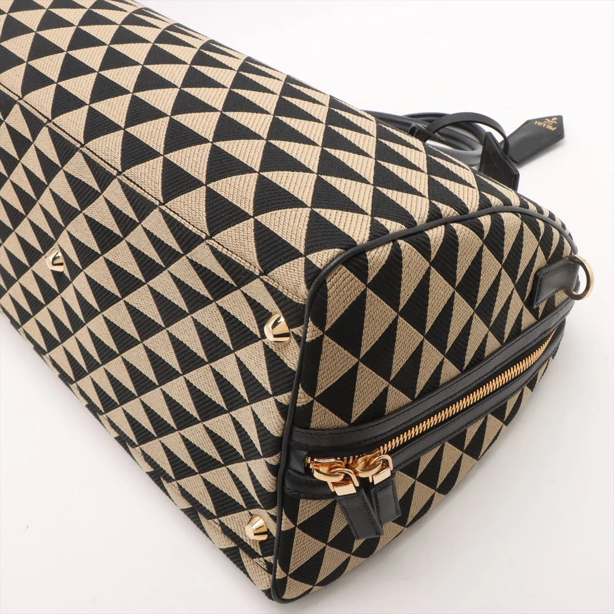 Prada Embroidery Fabric x Leather Two-Way Boston Bag Beige x Black