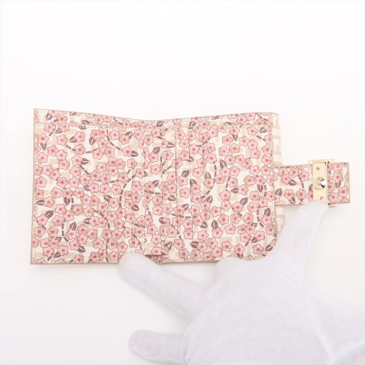 Fendi Zucchino Leather Trifold Compact Wallet Ivory