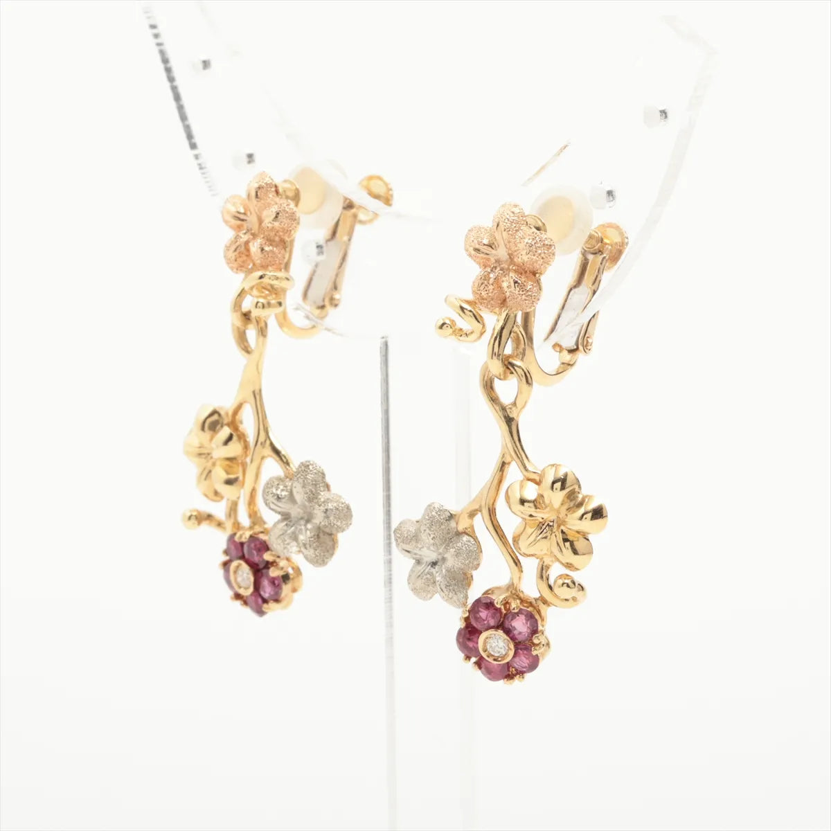 Ruby Diamond Flowers Clip-on Dangling Earring