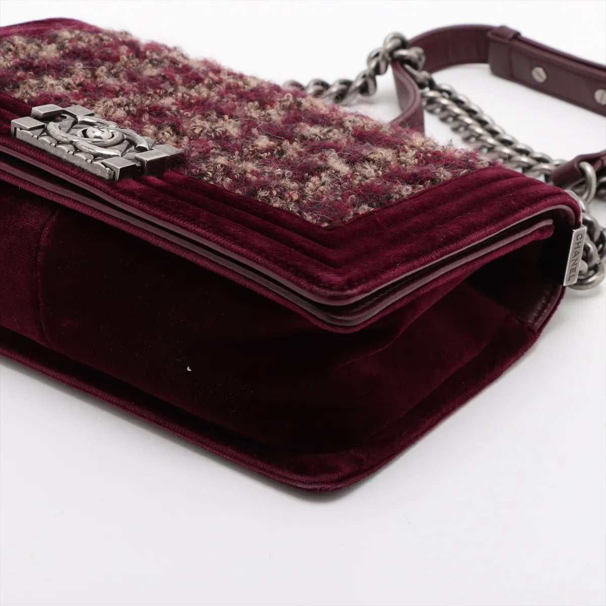 Chanel Boy CHANEL 25 Tweed x Velvet Chain Shoulder Bag Bordeaux