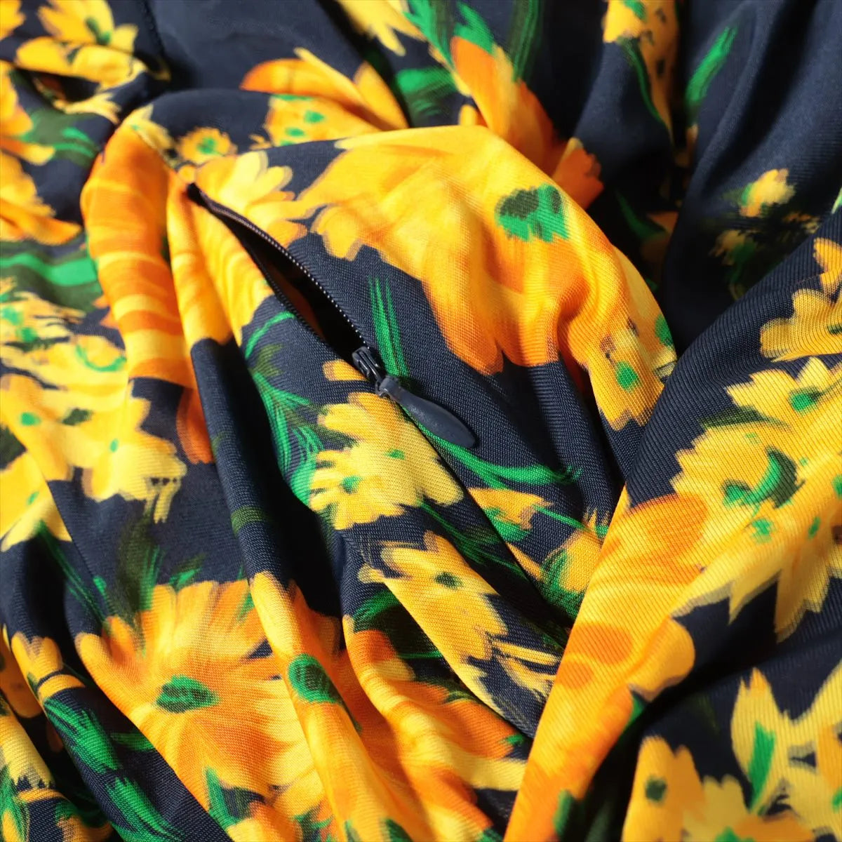 Balenciaga Yellow Floral Rayon Long Sleeve Maxi Dress Navy Blue