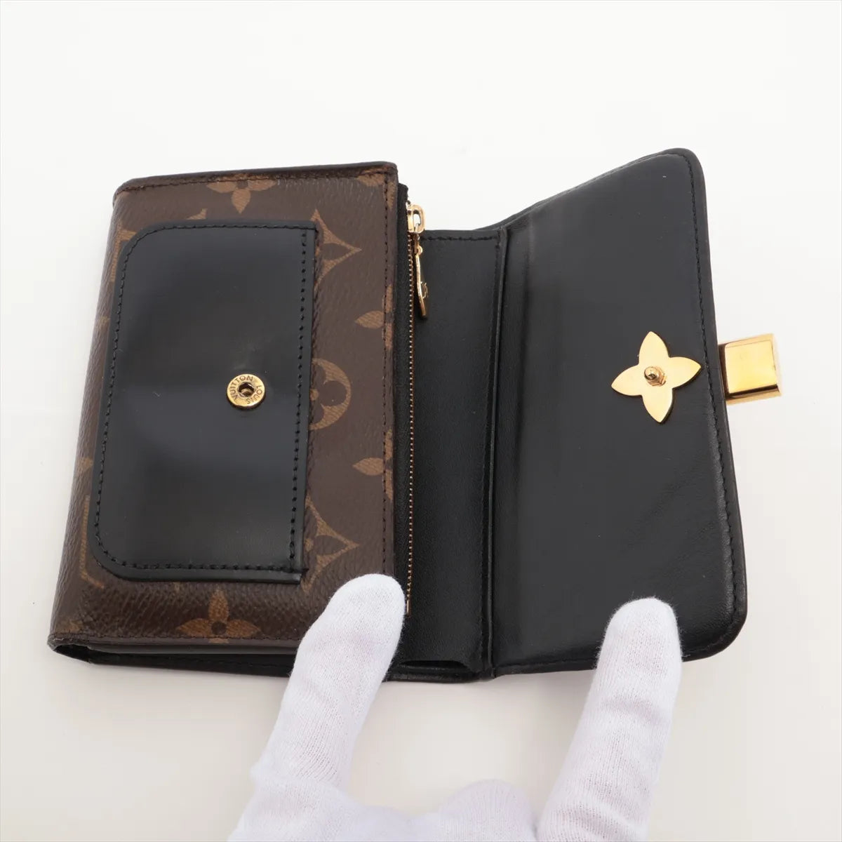 Louis Vuitton Monogram Flower Compact Wallet Black × Brown