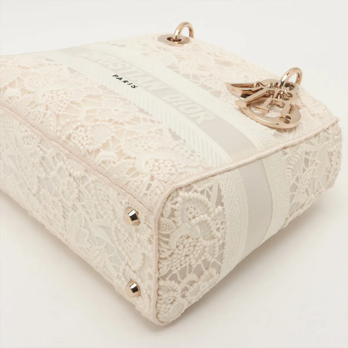 Christian Dior Lady D-Lite Medium Embroided Lace Two-Way Handbag White