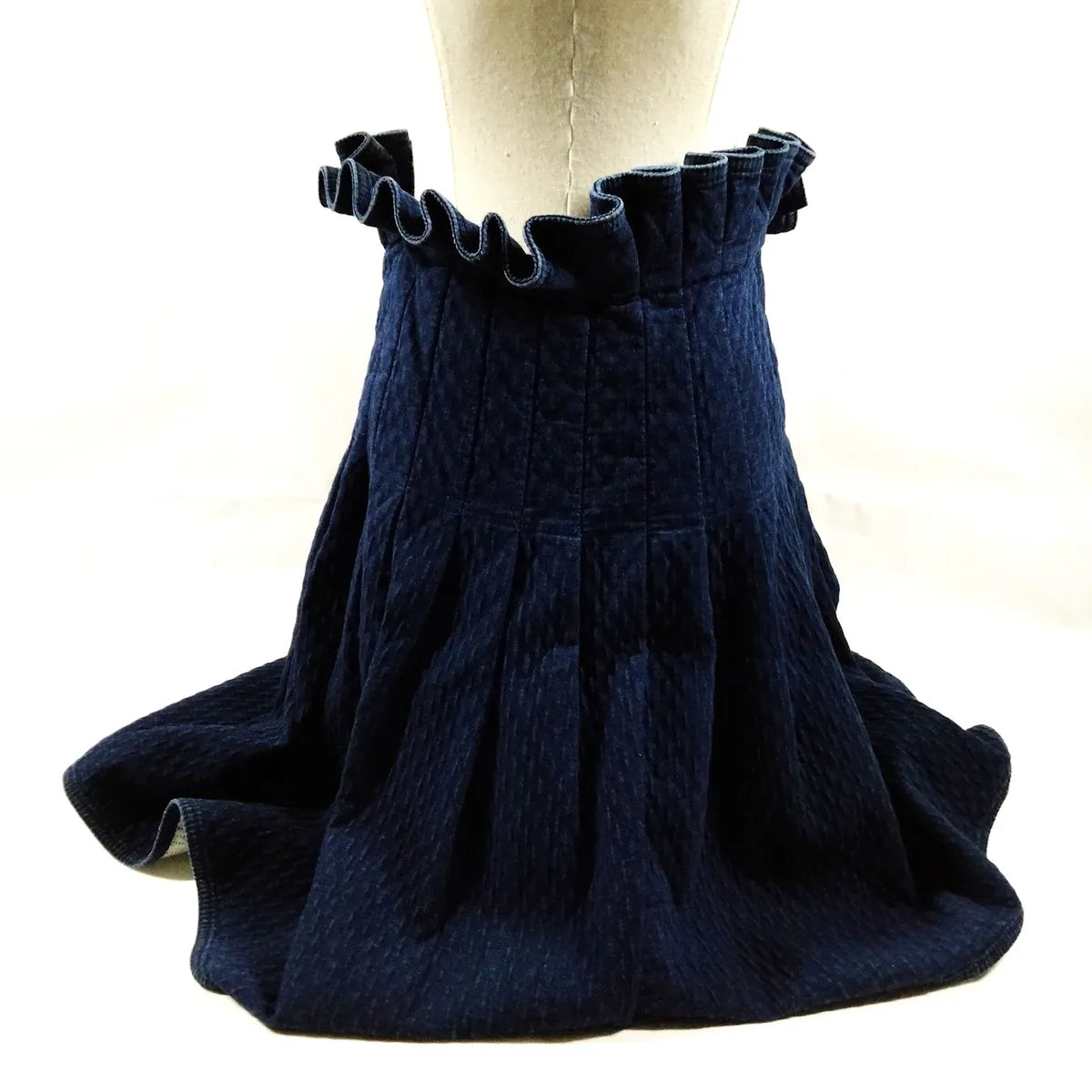 Chanel Ruffled Waist Quilted Cotton Skirt Dark Blue