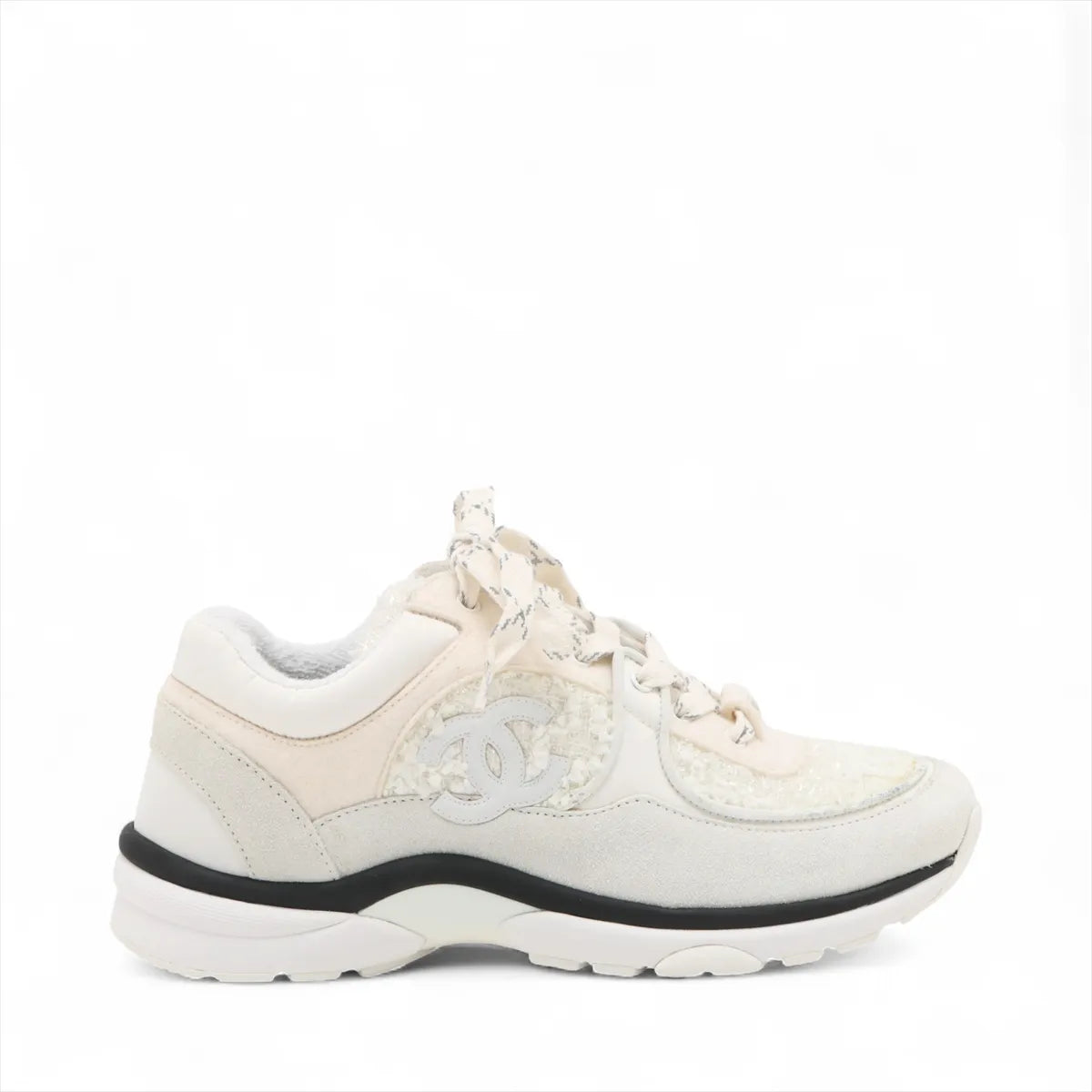 Chanel CC Logo Suede x Fabric Sneakers Ivory x White