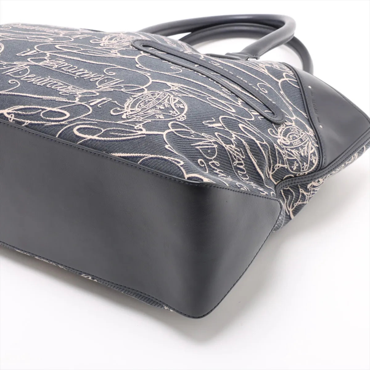 Berluti Calligraphy Canvas Leather Tote Bag Navy Blue