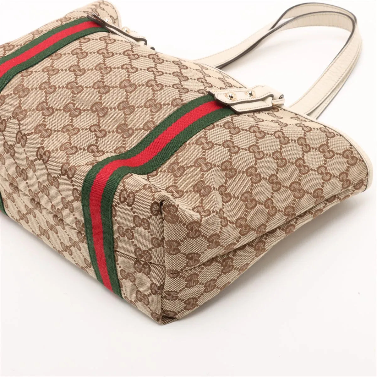 Gucci GG Logo Canvas Leather Tote Bag Beige x White