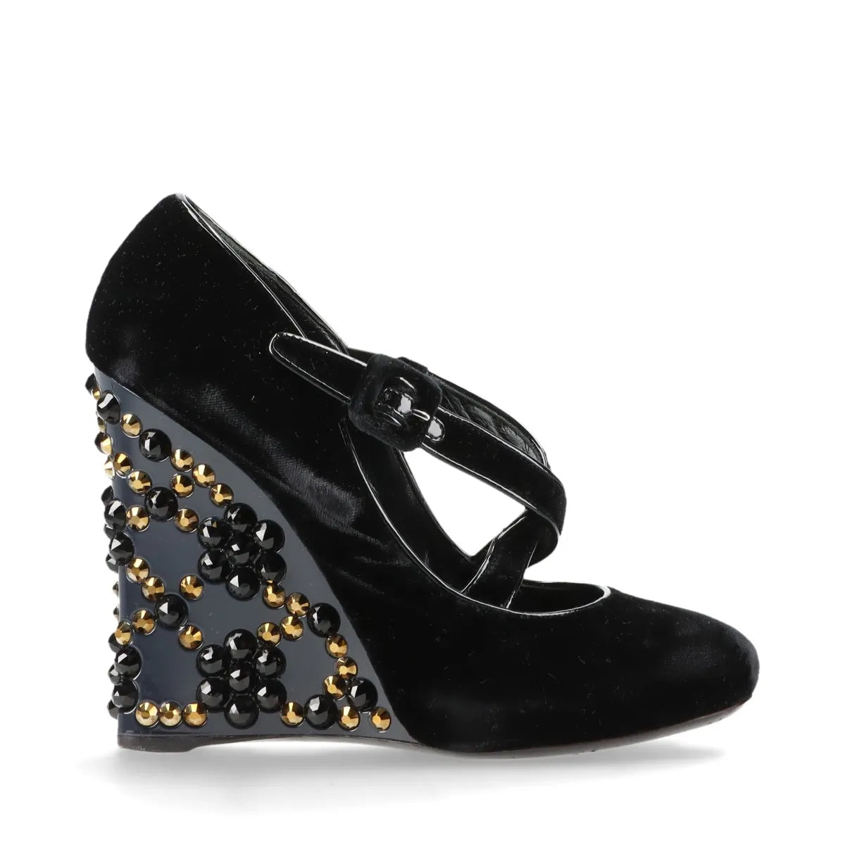Louis Vuitton Veau Velours Strap Wedge Stud Pumps Black