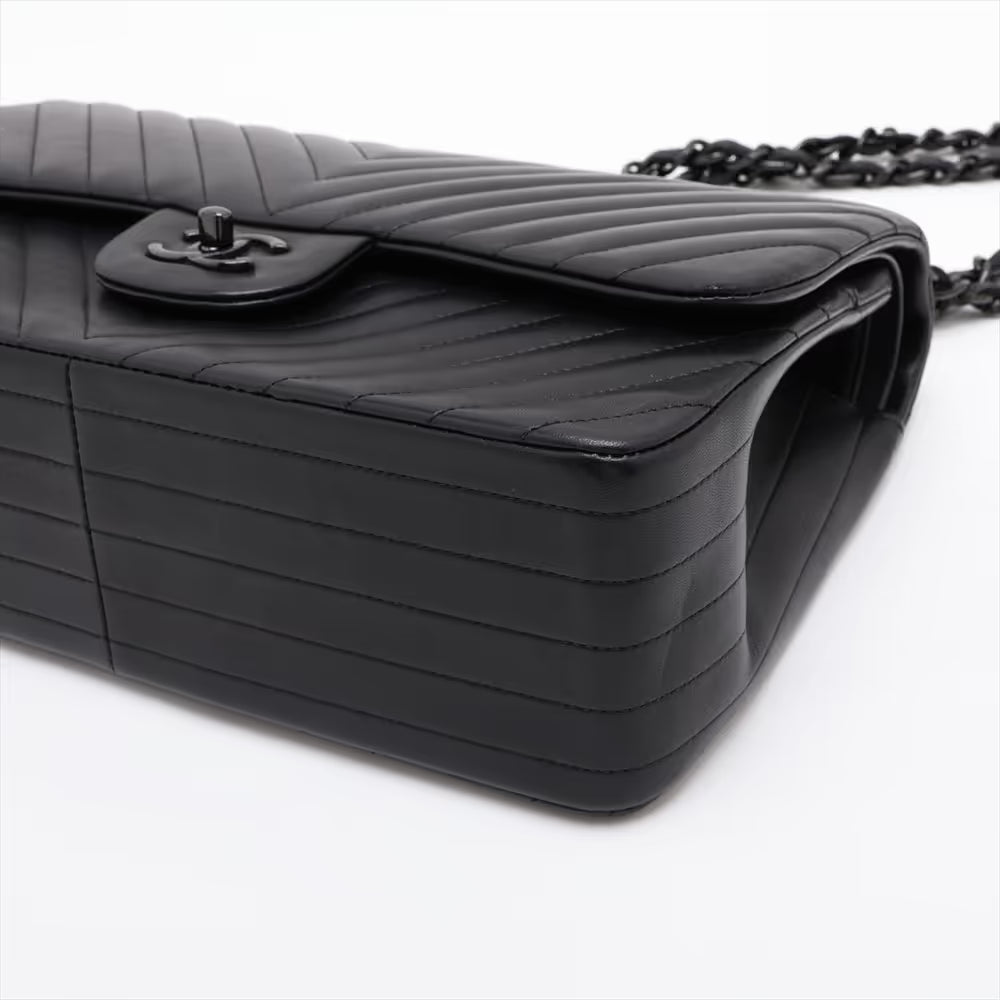 Chanel Chevron Stitch Lambskin Double Flap Double Chain Bag Black