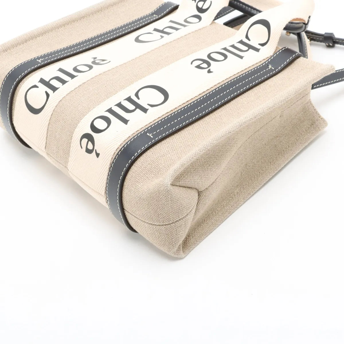 Chloe Woody Small Canvas Leather Two-Way Handbag Beige x Black