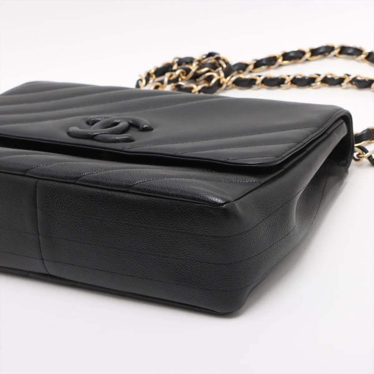 Chanel CC Logo Caviar Skin Single Flap Double Chain Bag Black