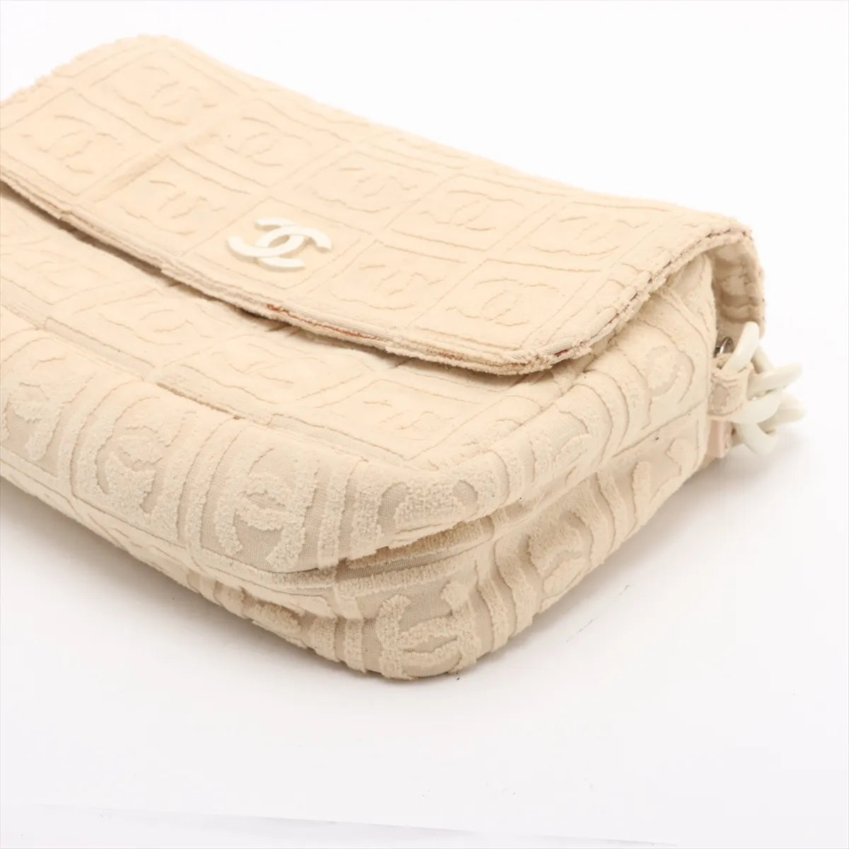 Chanel CC Logo Jacquard Terry Cloth Chain Shoulder Bag Beige