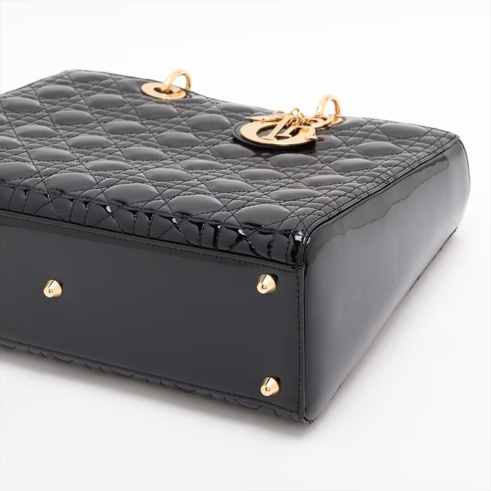 Christian Dior Cannage Lady Dior Large Patent Leather Two-Way Shoulder Bag Black