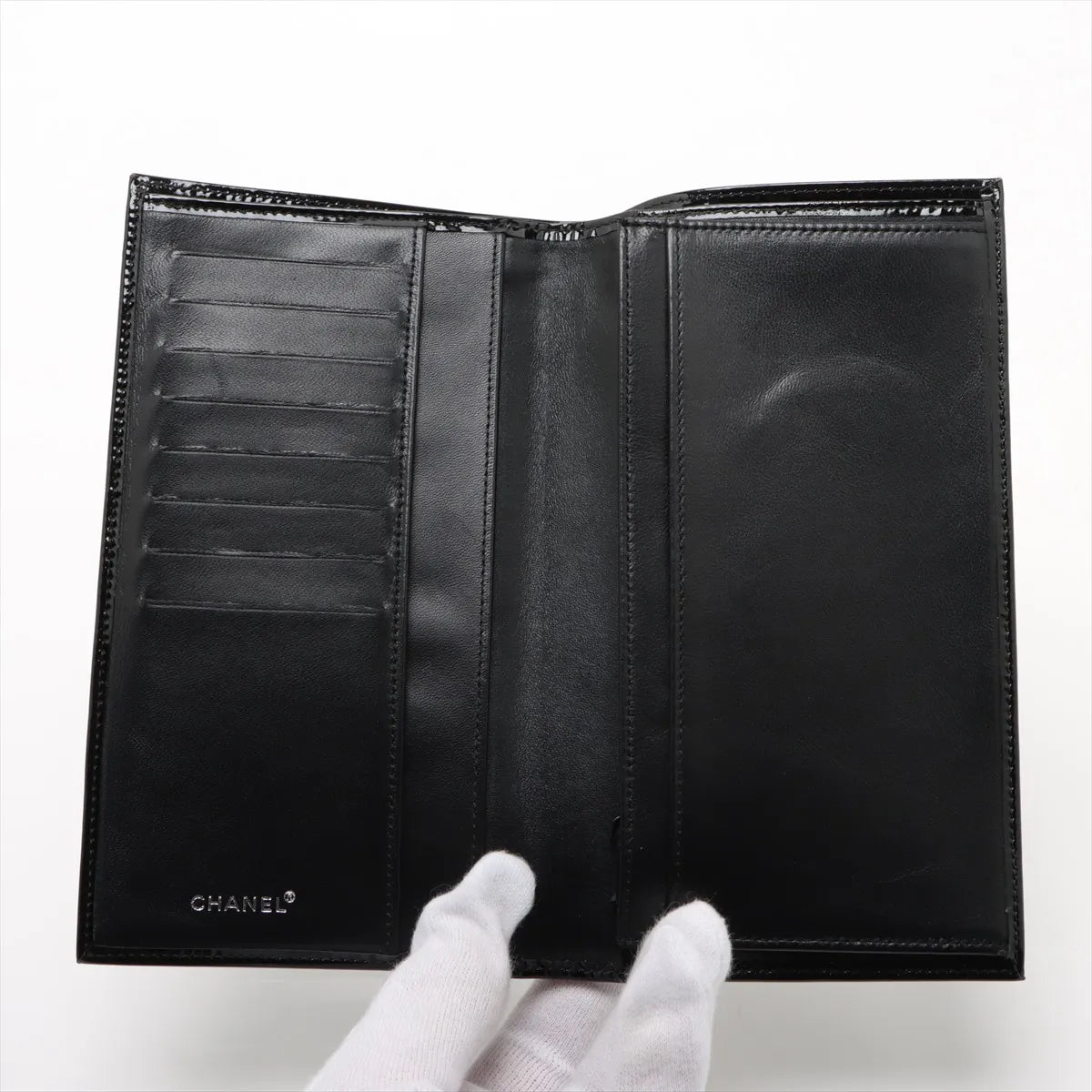 Chanel CC Logo Patent Leather Long Wallet Black