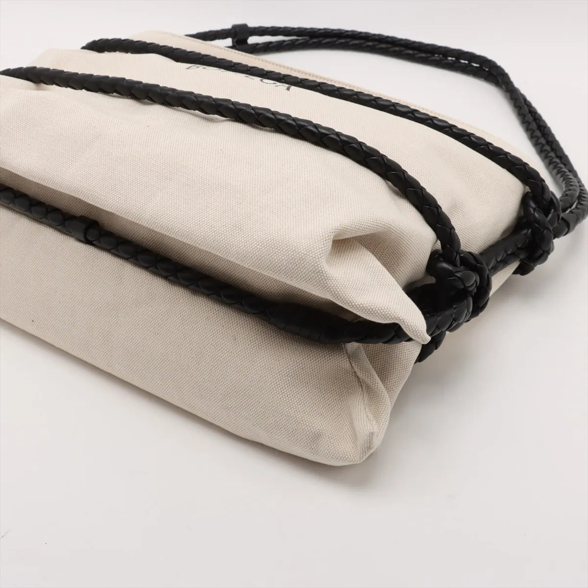 Bottega Veneta Vintage Canvas Leather Shoulder Bag Beige