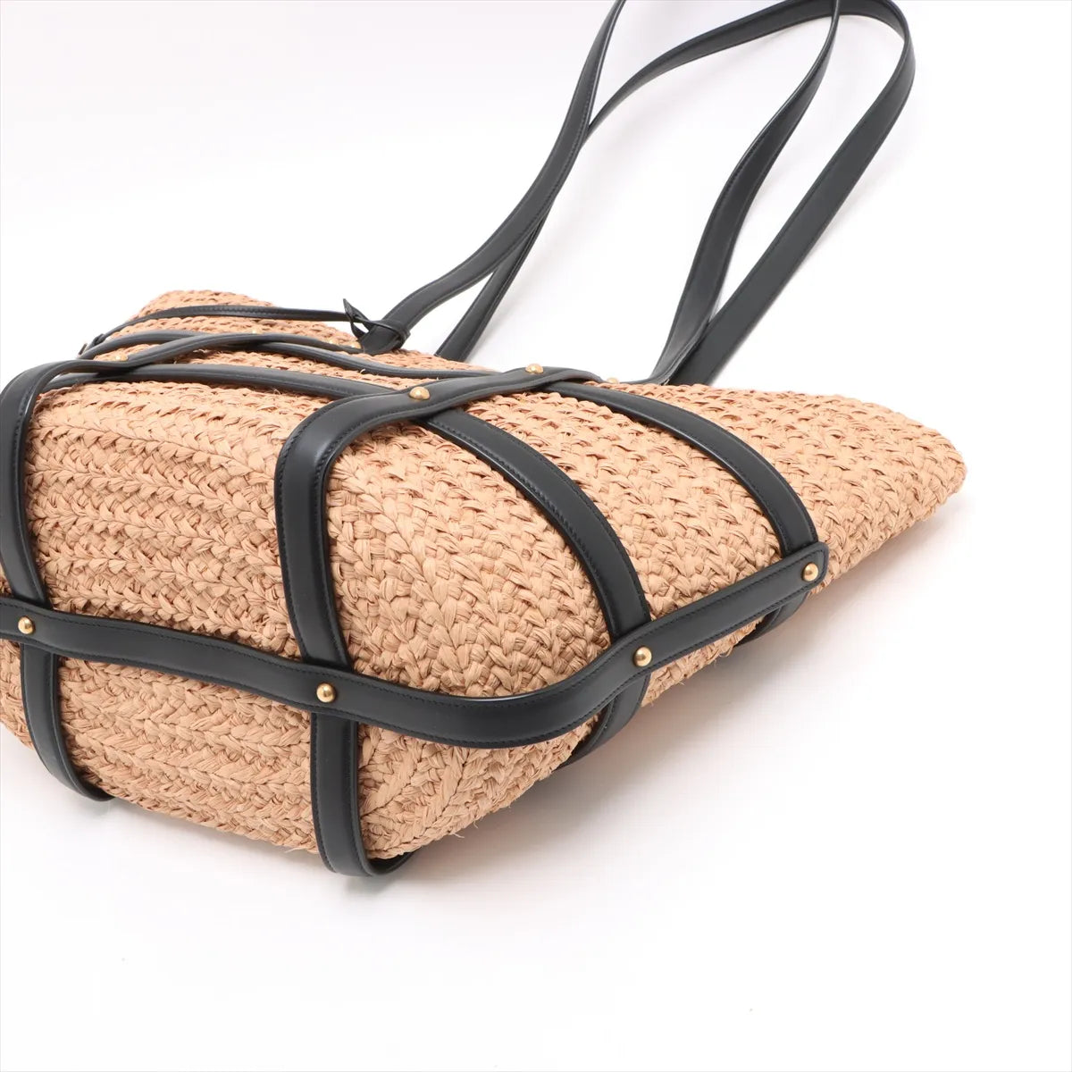 Saint Laurent Paris Panier Raffia Leather Straw Bag Beige x Black