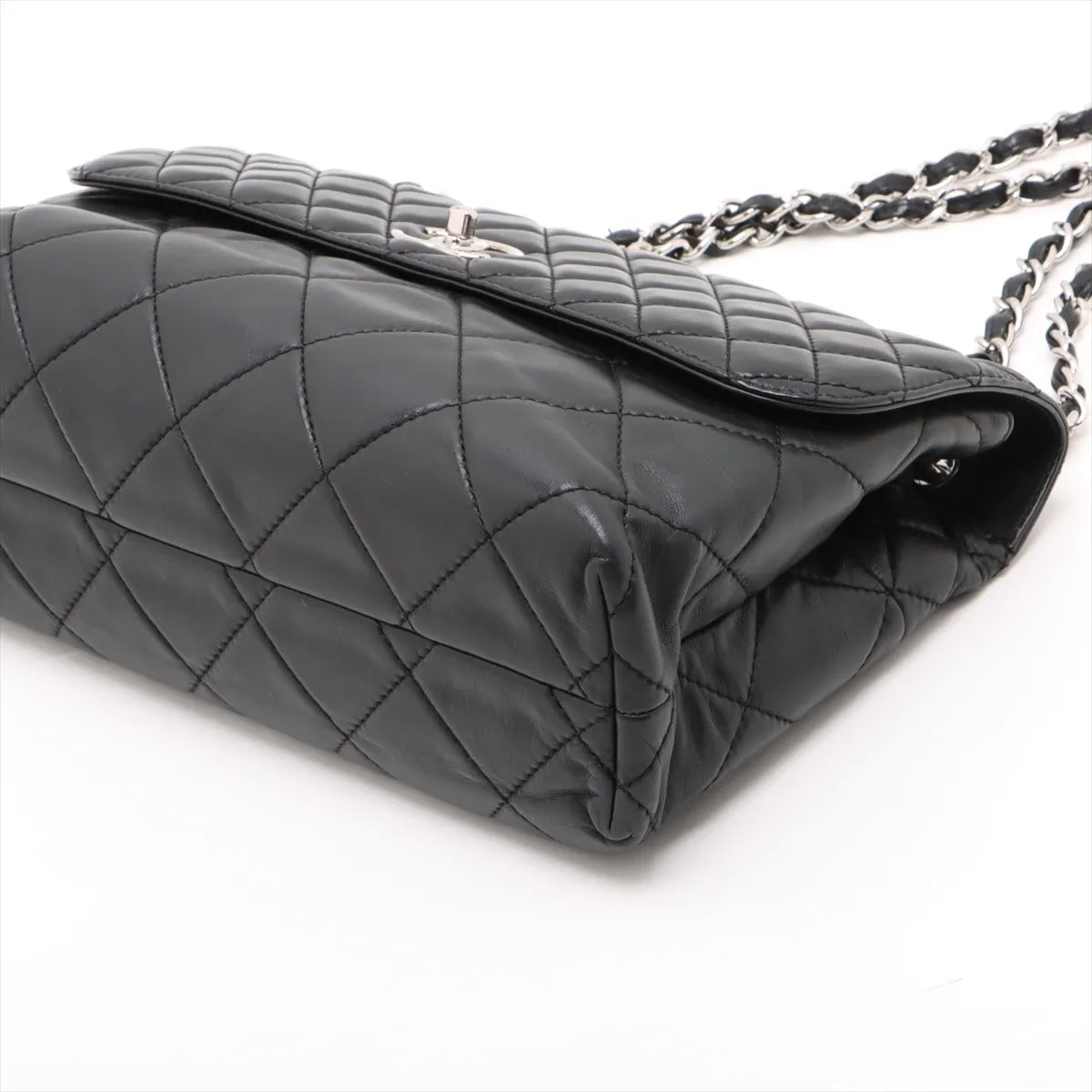 Chanel CC Logo Big Matelasse Lambskin Single Flap Double Chain Bag Black