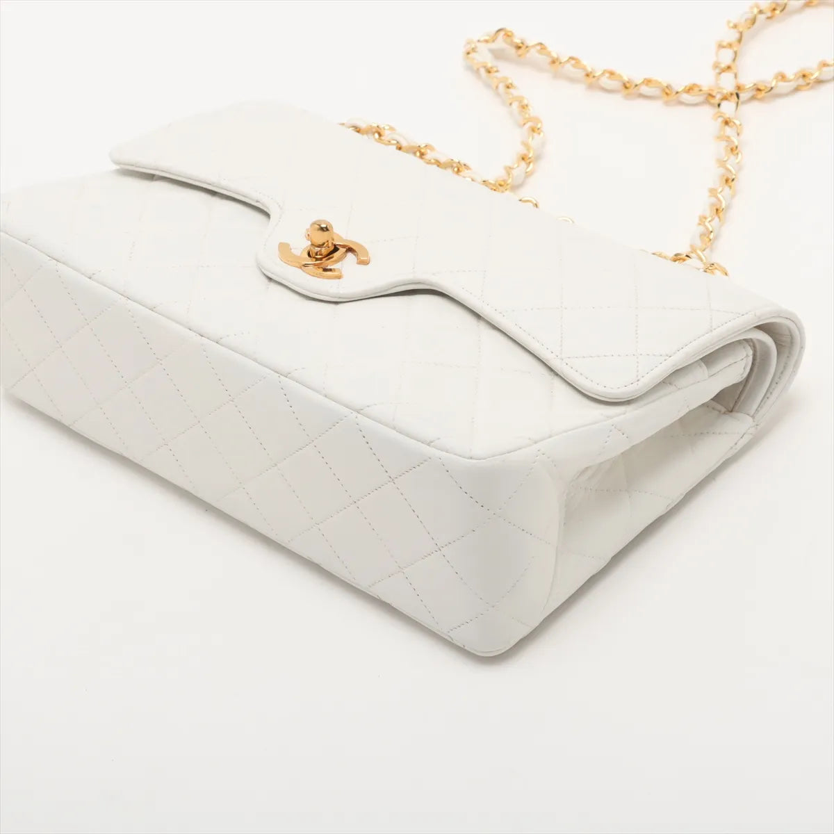 Chanel CC Logo Matelasse Lambskin Double Flap Double Chain Bag White