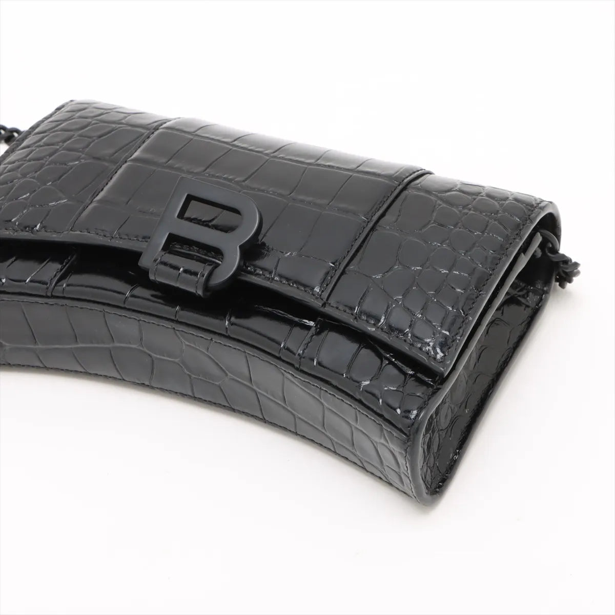 Balenciaga Hourglass Crocodile Wallet on Chain Black