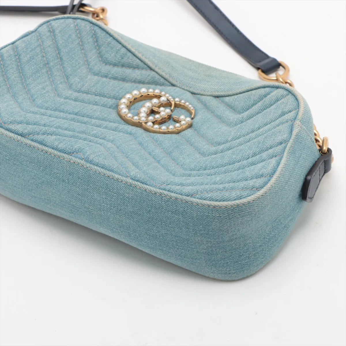 Gucci GG Marmont Pearl Denim Chain Shoulder Bag Blue