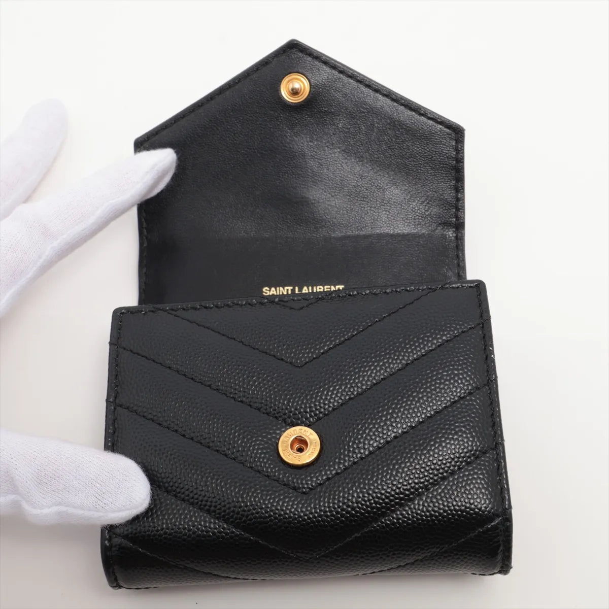 Saint Laurent V Stitch Leather Compact Wallet Black
