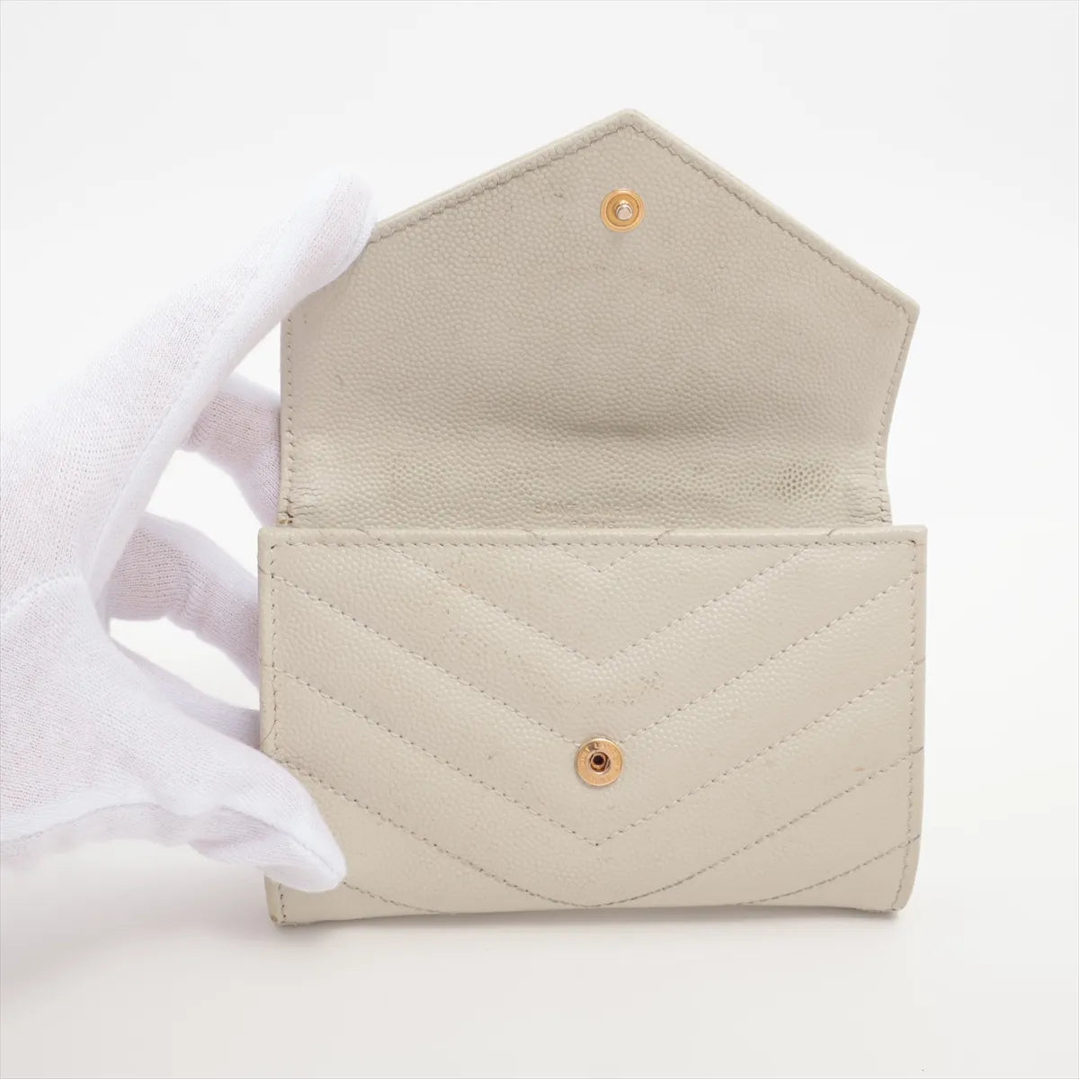 Saint Laurent Paris V Stitch YSL Leather Compact Wallet White