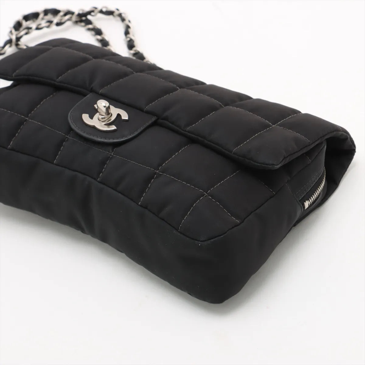 Chanel CC Logo Chocolate Bar Nylon Chain Shoulder Bag Black