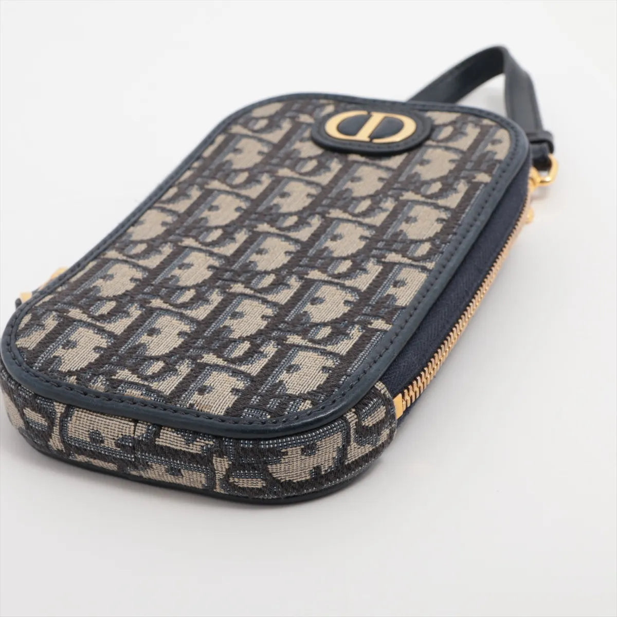 Christian Dior Oblique Canvas Leather Phone Chain Shoulder Bag Navy Blue