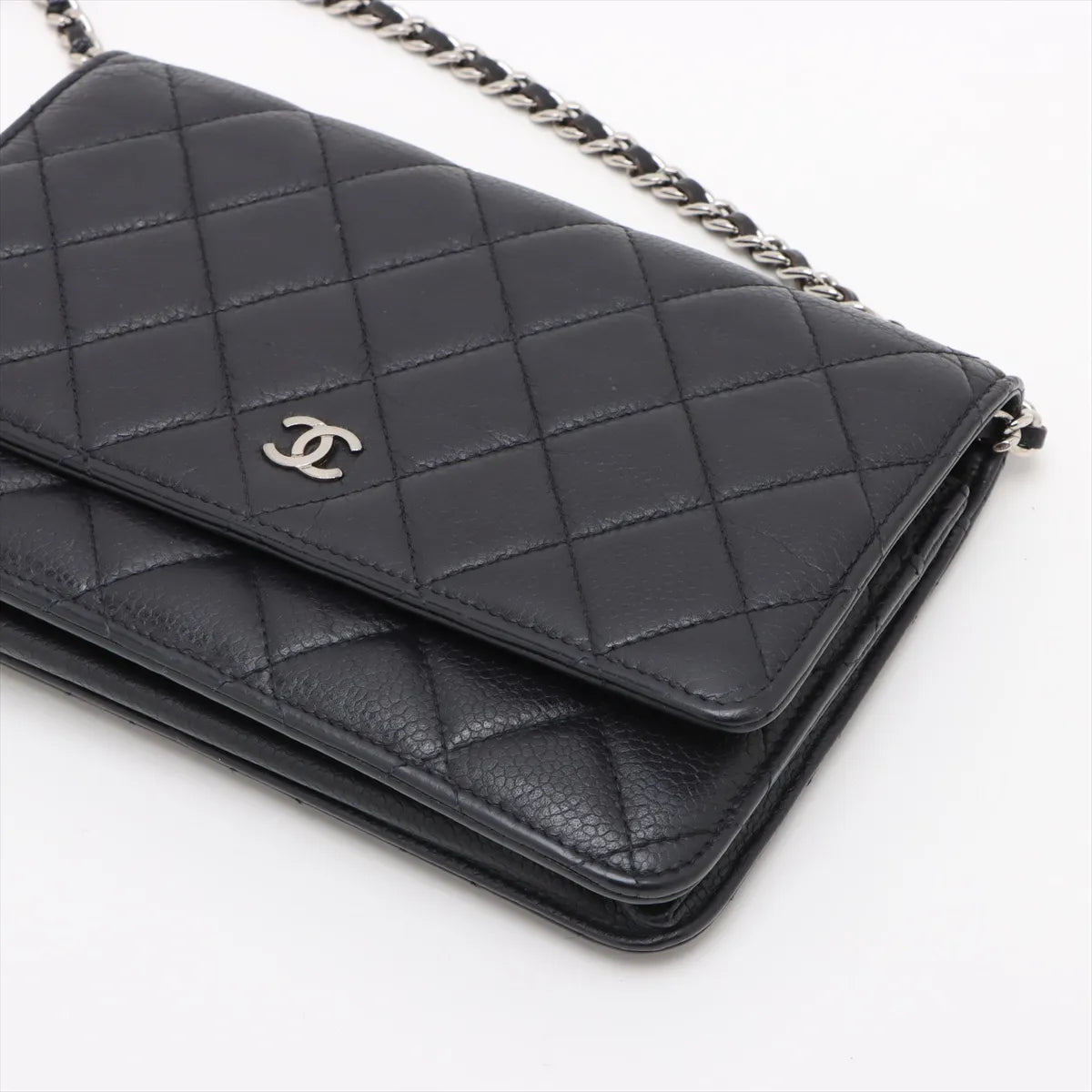 Chanel CC Logo Matelasse Caviar Skin Wallet on Chain Navy Blue