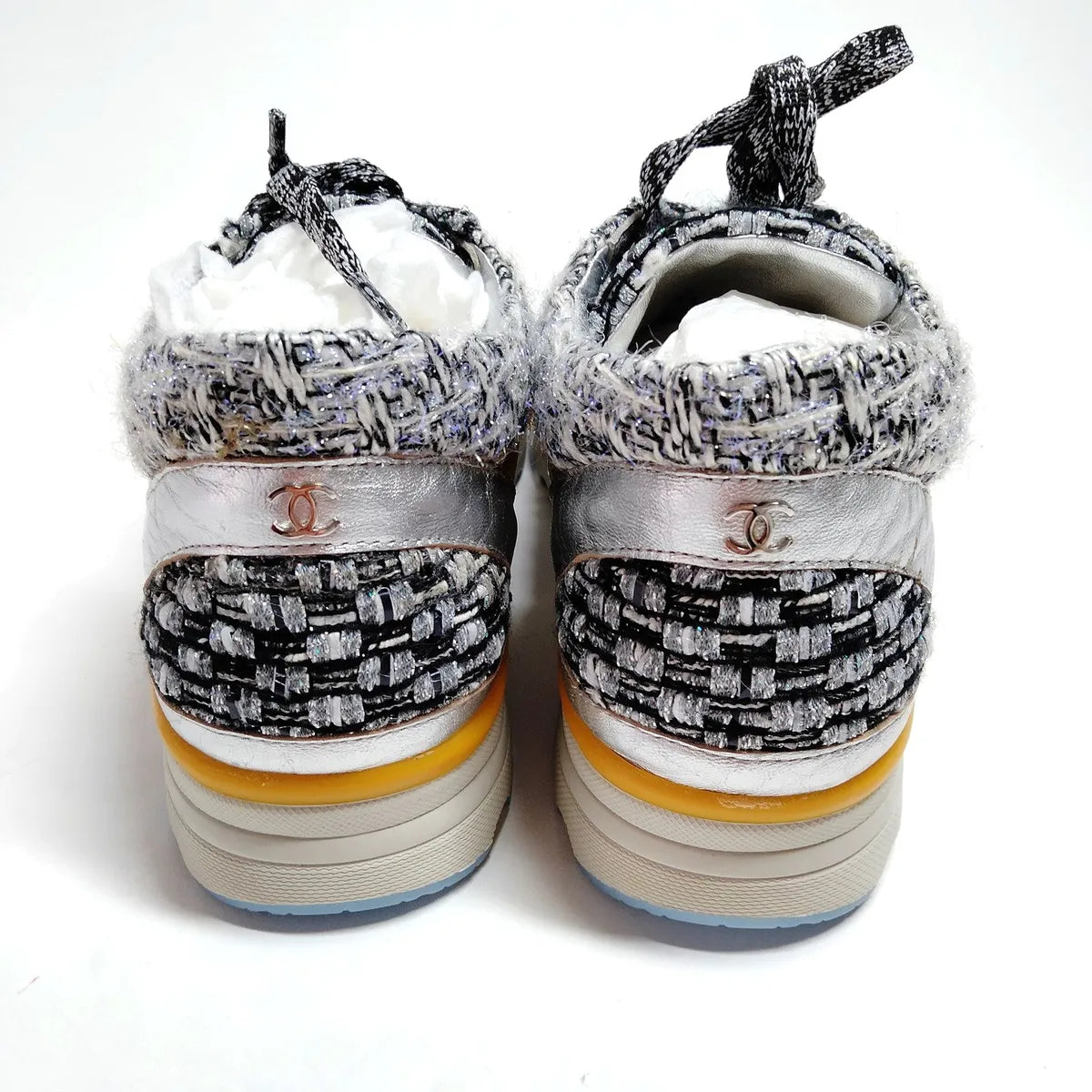 Chanel Tweed Metallic Trainers Women's Sneakers Gold & Black