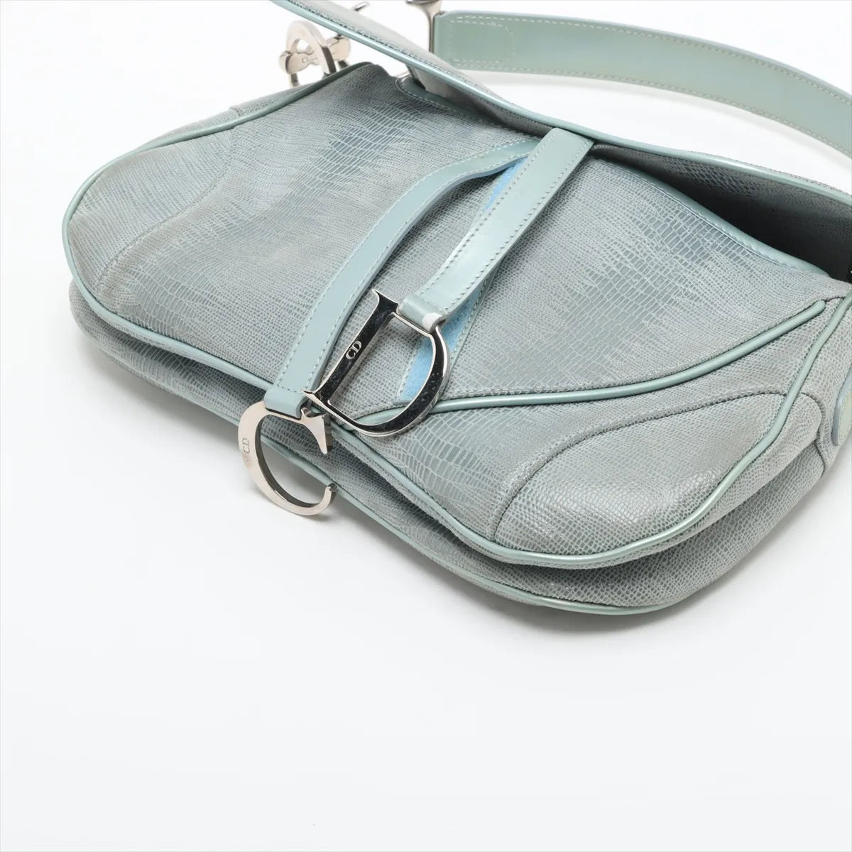 Christian Dior Double Saddle Lizard Embossing Leather Shoulder Bag Blue