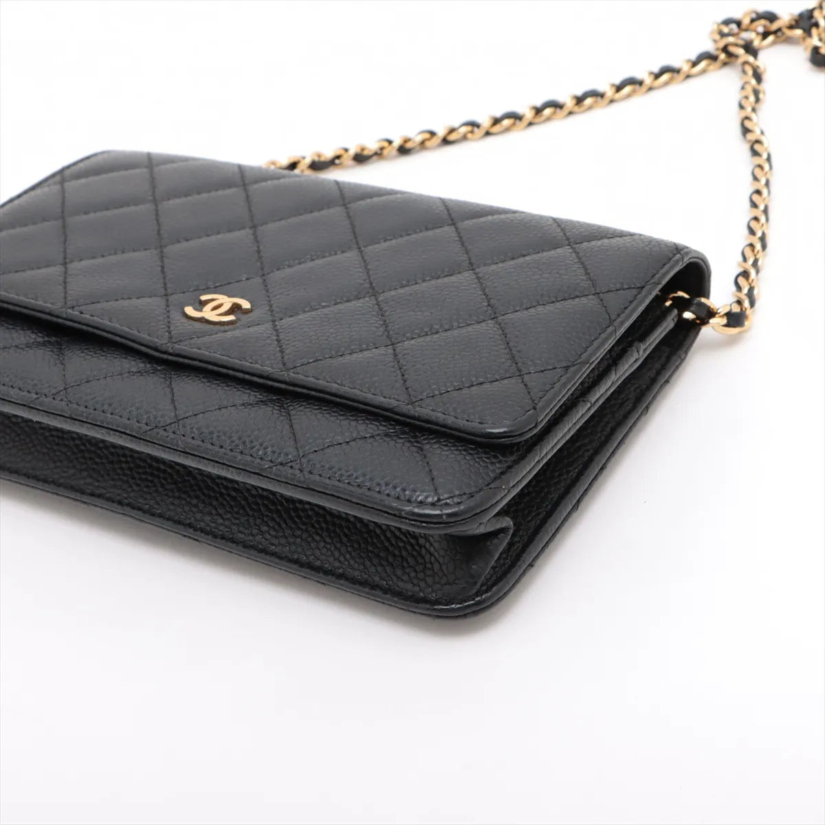 Chanel CC Logo Matelasse Caviar Skin Wallet on Chain Black Gold