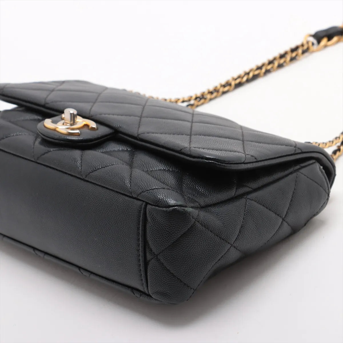 Chanel Matelasse Caviar Skin Single Flap Double Chain Bag Black