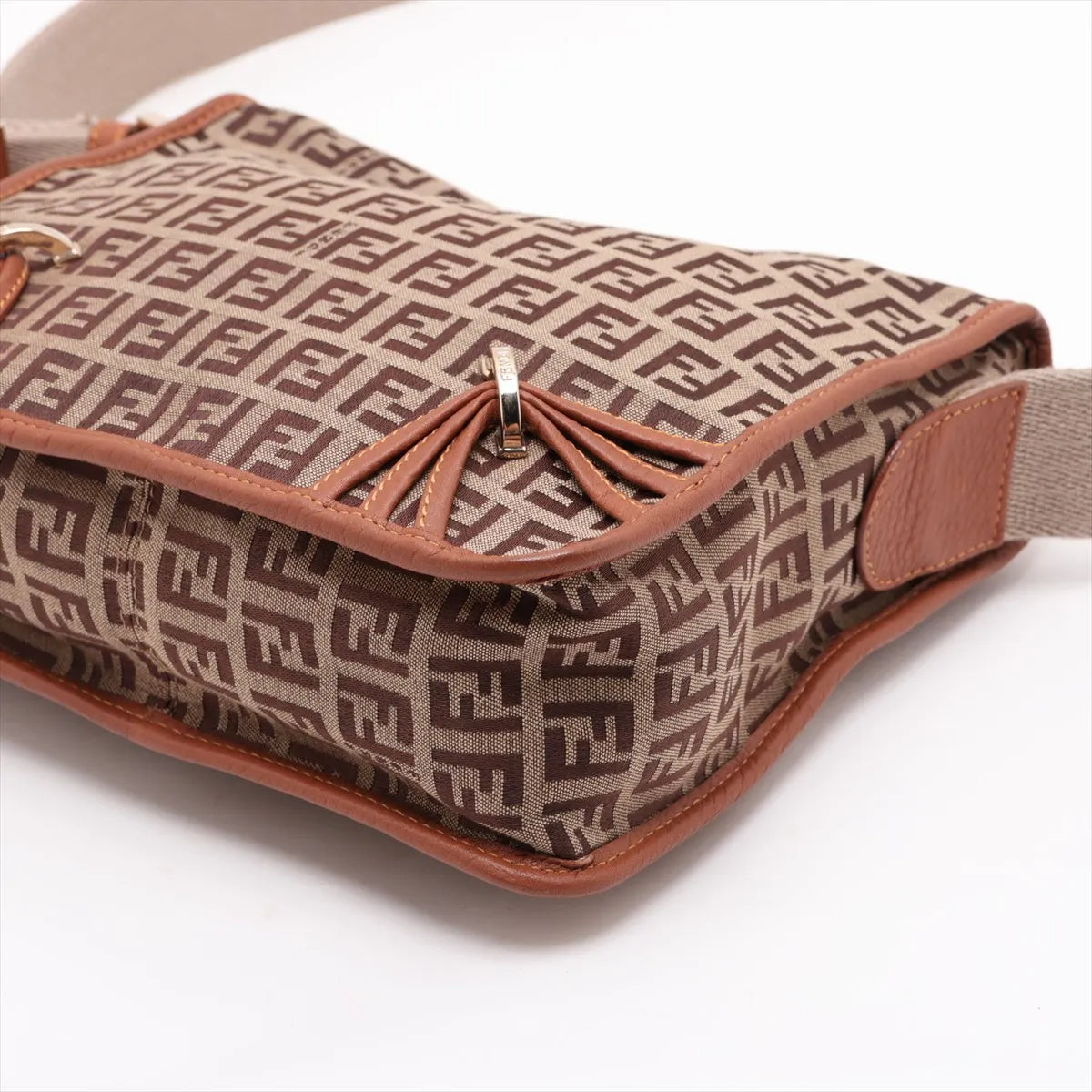 Fendi Zucchino Canvas Leather Shoulder Bag Beige×Brown