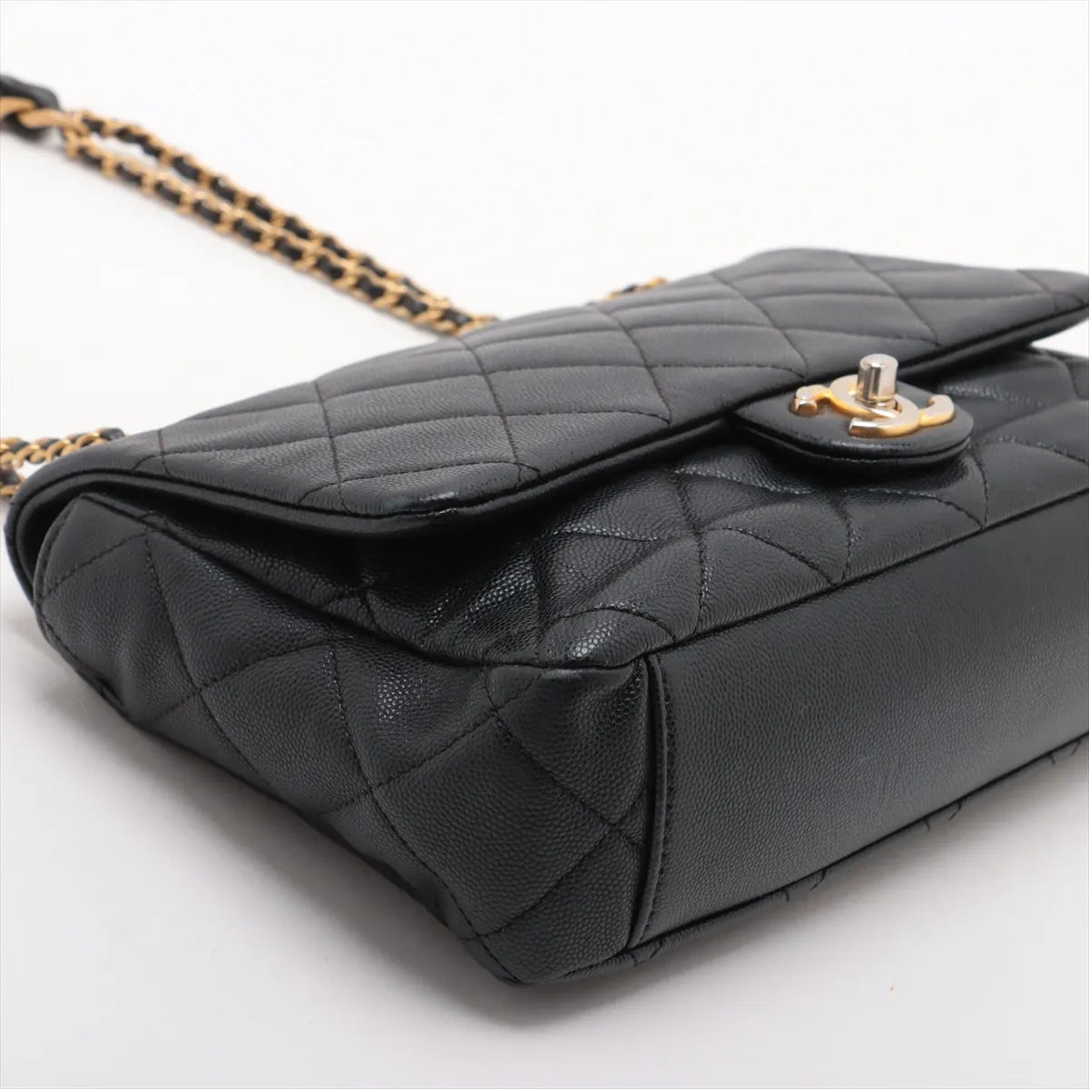 Chanel Matelasse Caviar Skin Single Flap Double Chain Bag Black