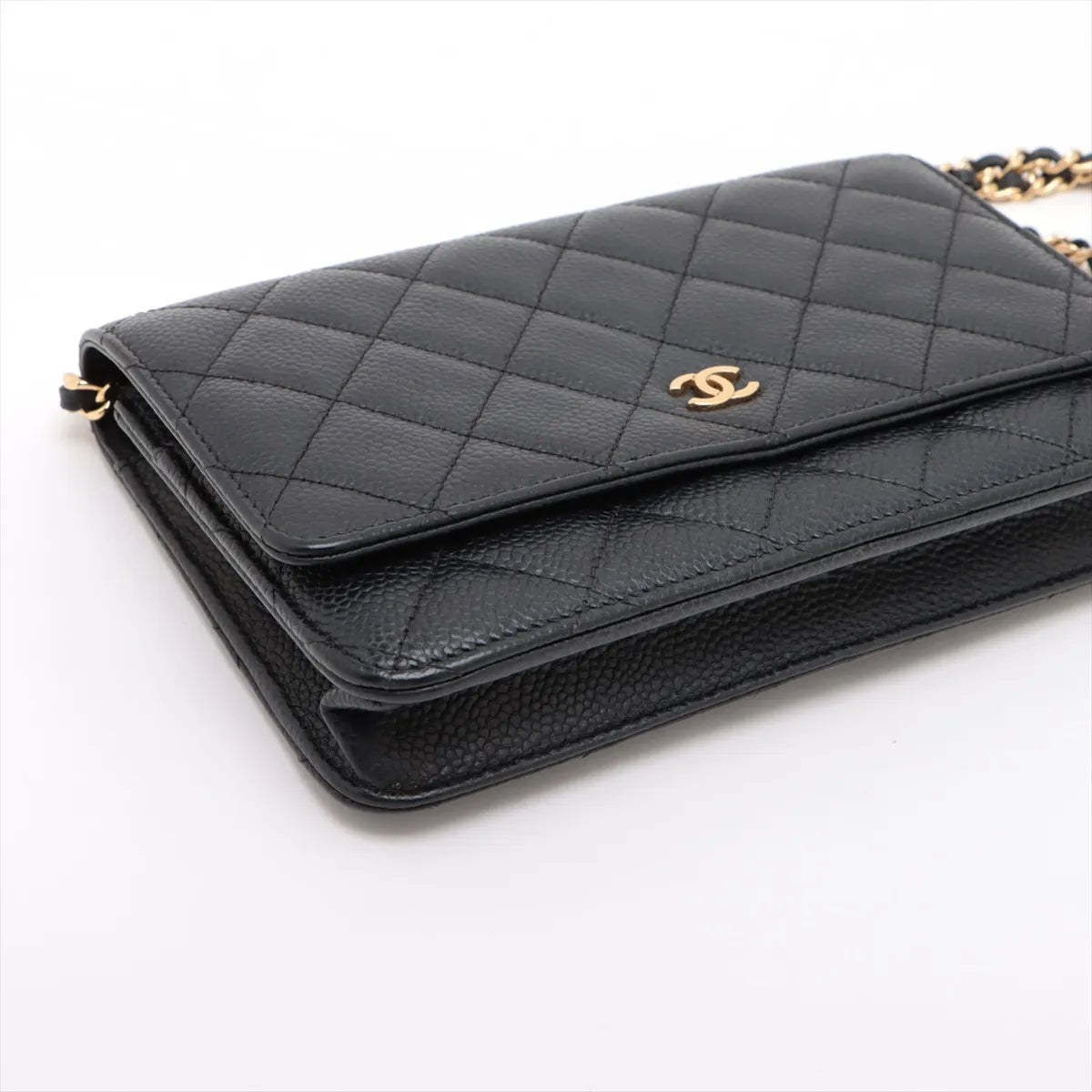 Chanel CC Logo Matelasse Caviar Skin Wallet on Chain Black Gold