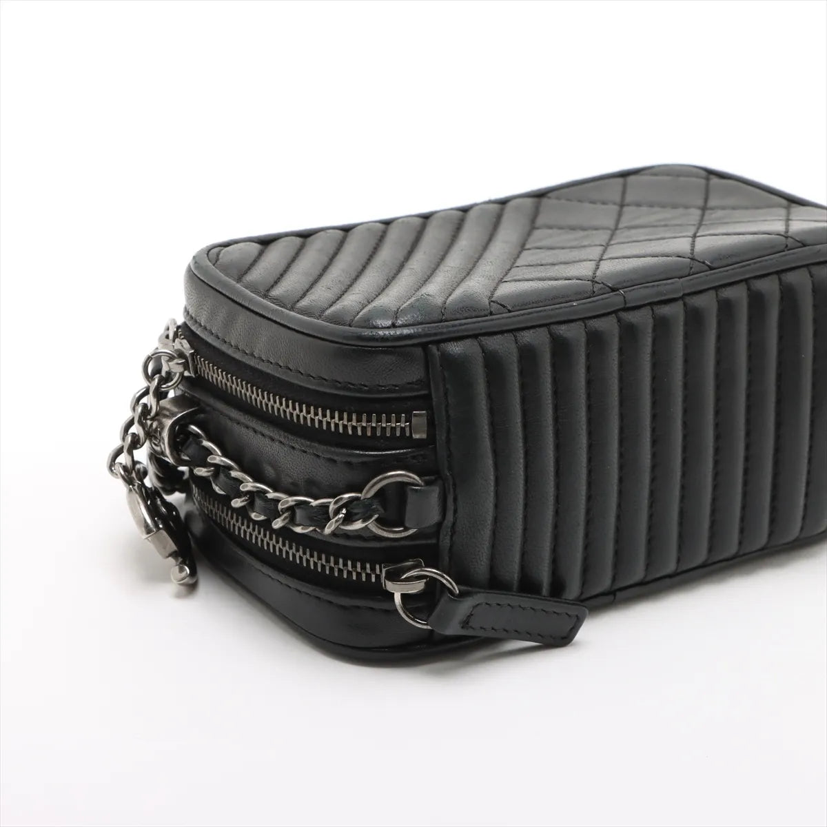 Chanel Matelasse and Slant Stiching Lambskin Chain Shoulder Bag Black