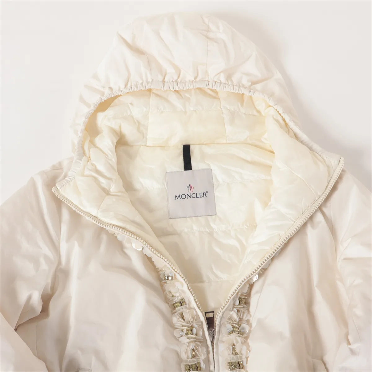 Moncler Argent Floral Rhinestone Polyester Down Jacket White