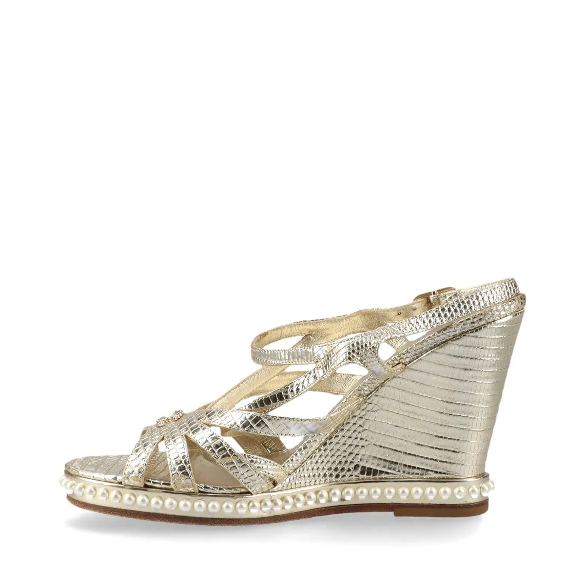 Chanel CC Logo Moc Lizard Wedge Sandal Gold