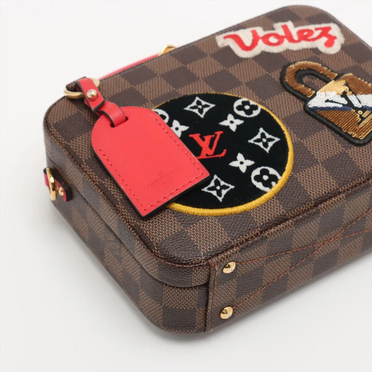 Louis Vuitton Damier Ebene LV Stories Box Patches Bag Brown x Red