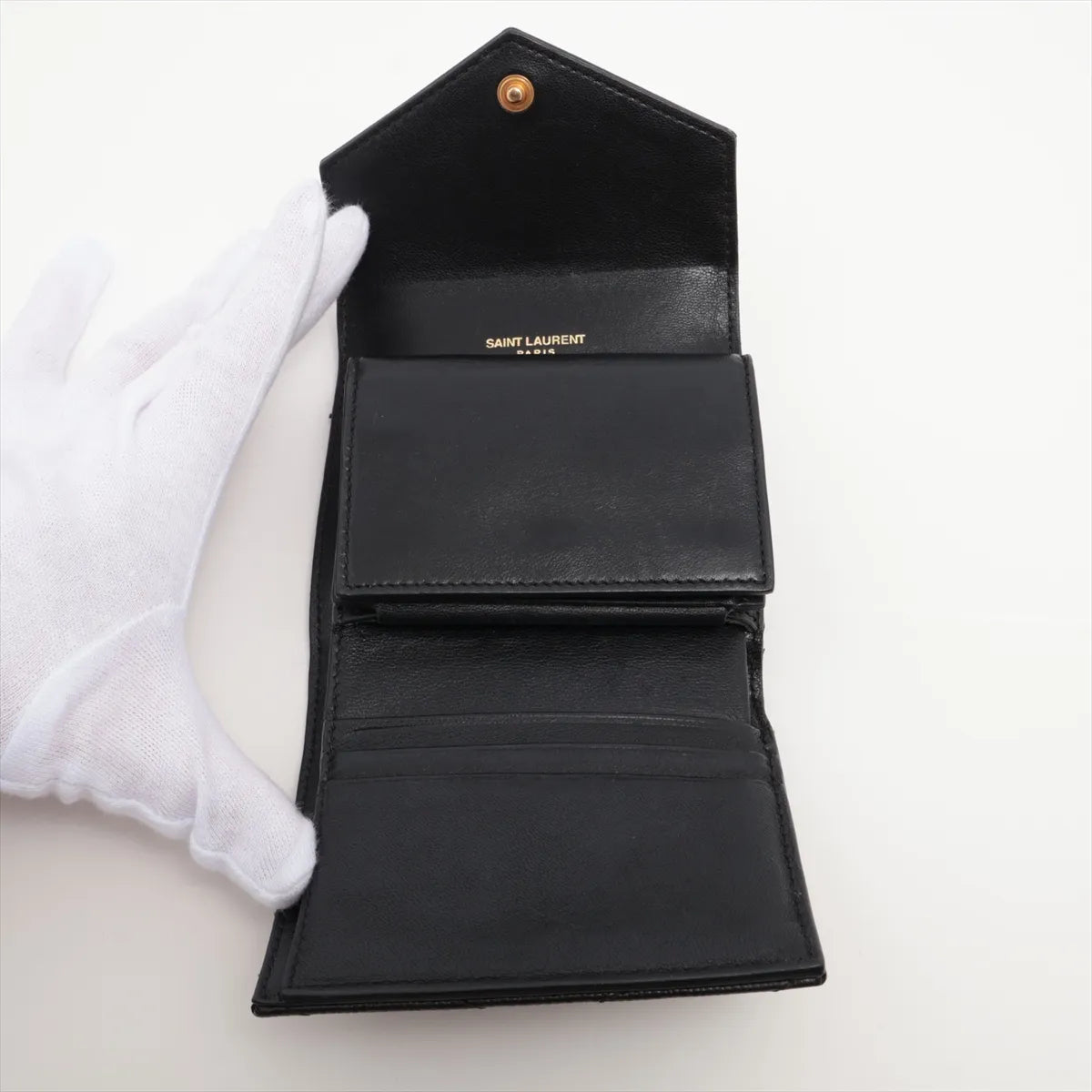 Saint Laurent V Stitch Leather Compact Wallet Black