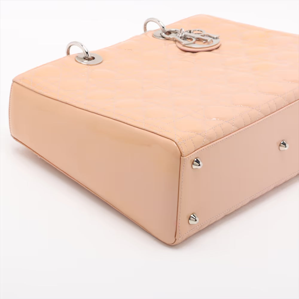 Christian Dior Lady Dior Cannage Patent Leather Two-Way Handbag Beige x Pink
