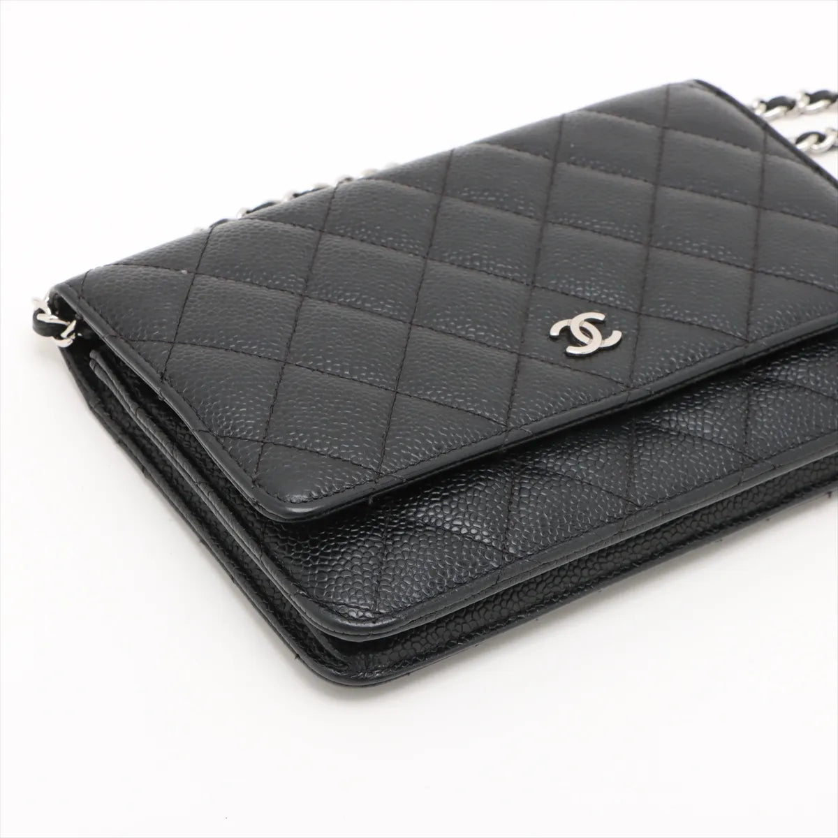 Chanel CC Logo Matelasse Caviar Skin Chain Wallet Black