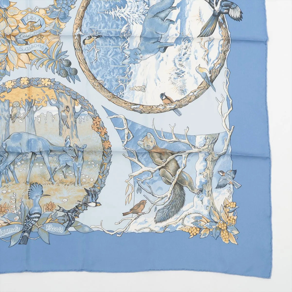 Hermès Carré 90 Les Quatre Saisons Four Seasons Silk Scarf Light Blue