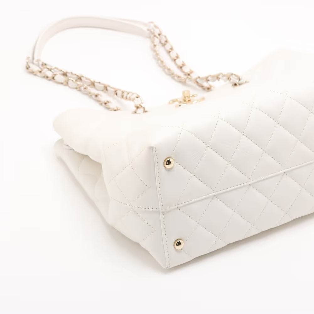 Chanel CC Logo Matelasse Caviar Skin Chain Tote Bag White