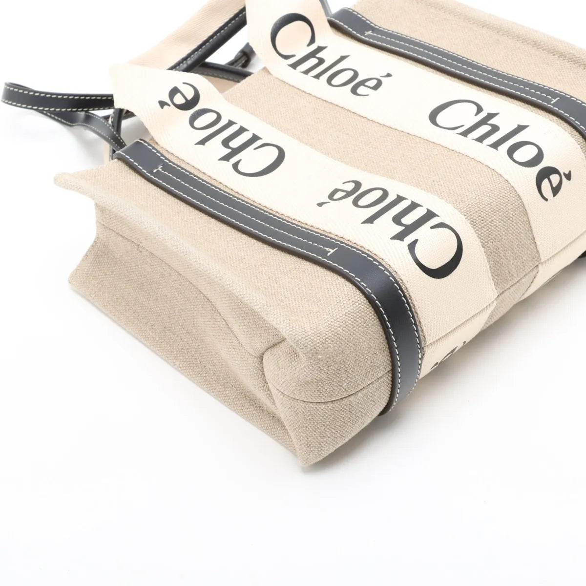 Chloe Woody Small Canvas Leather Two-Way Handbag Beige x Black