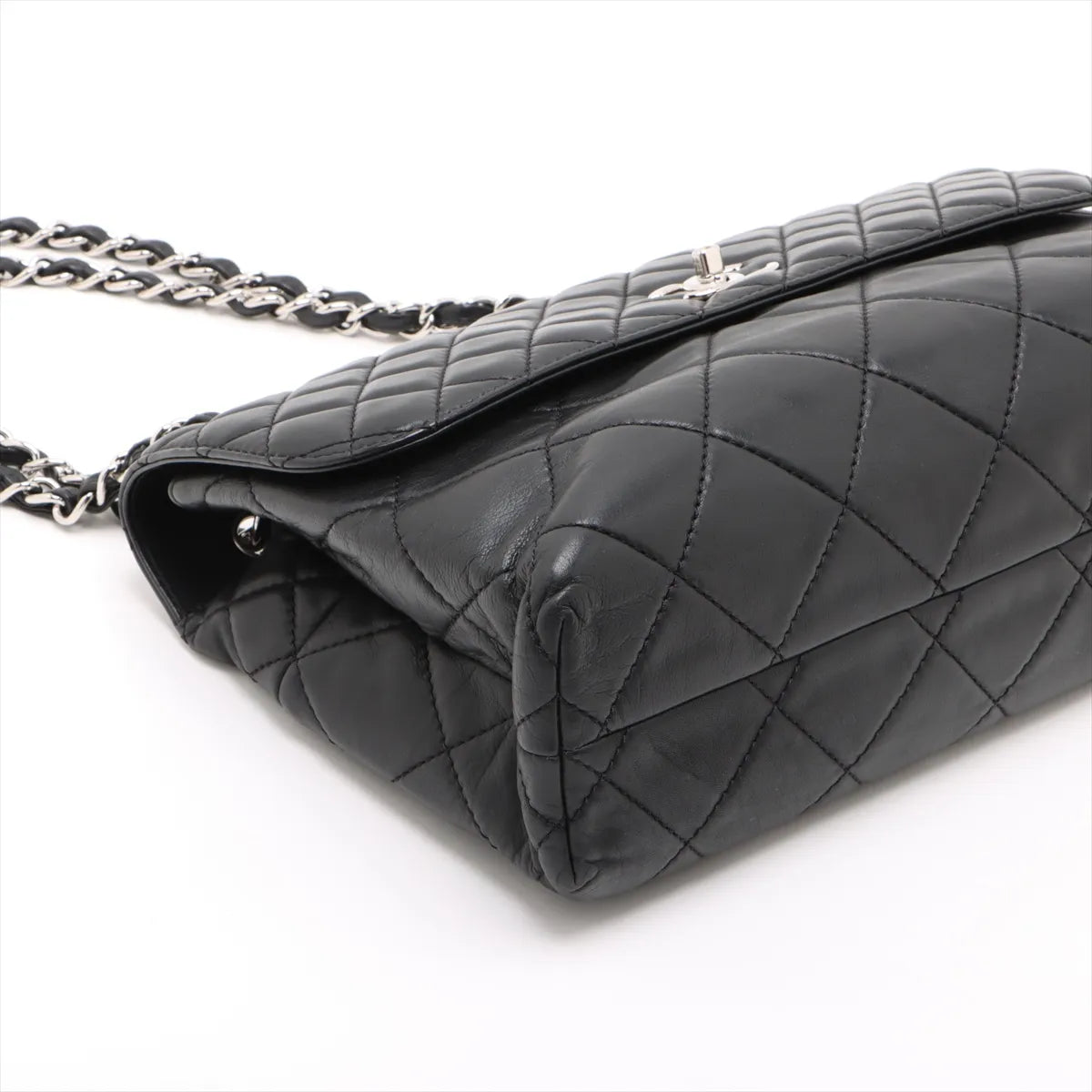 Chanel CC Logo Big Matelasse Lambskin Single Flap Double Chain Bag Black