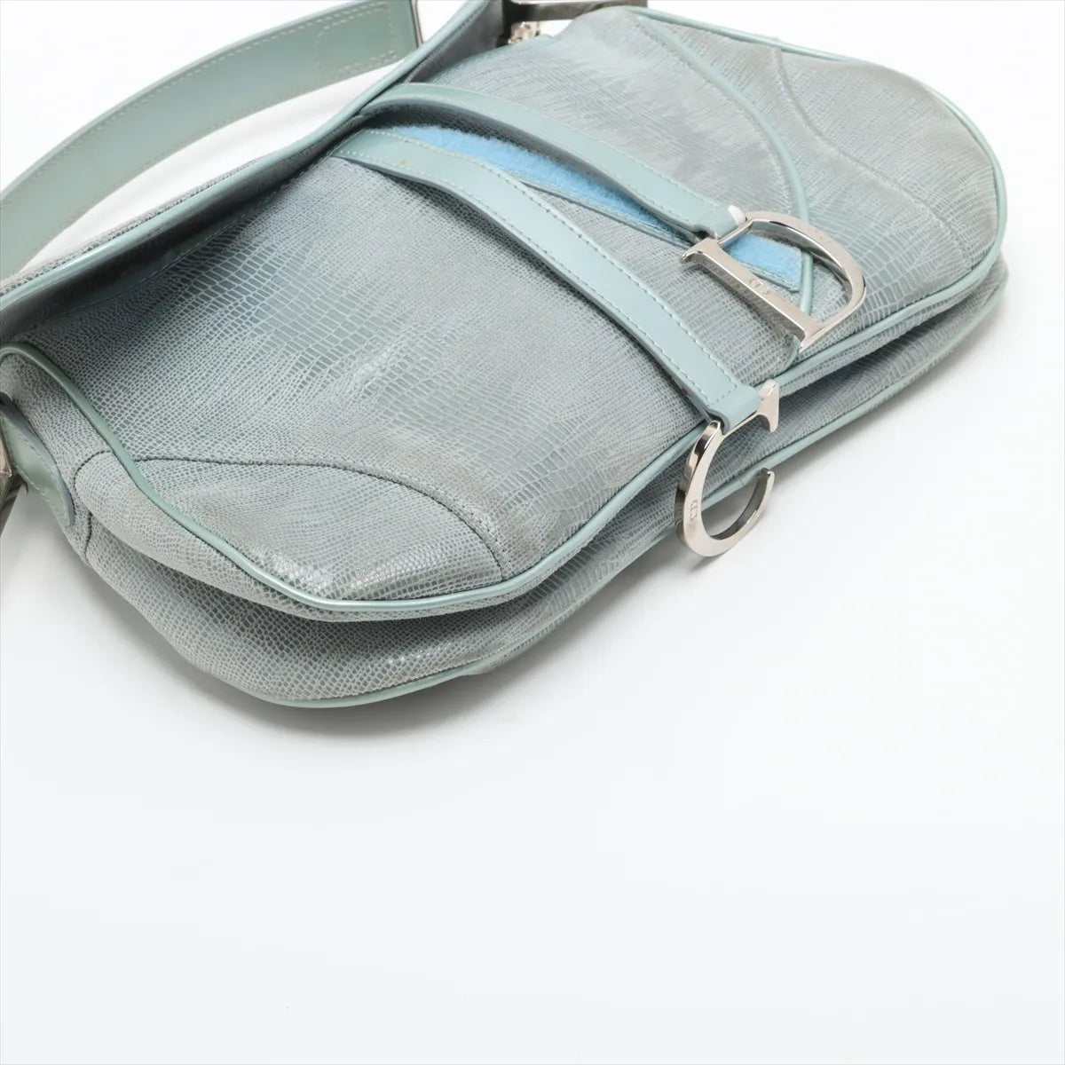 Christian Dior Double Saddle Lizard Embossing Leather Shoulder Bag Blue