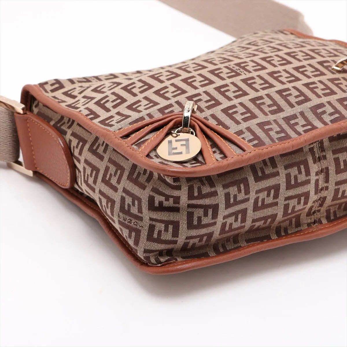 Fendi Zucchino Canvas Leather Shoulder Bag Beige×Brown